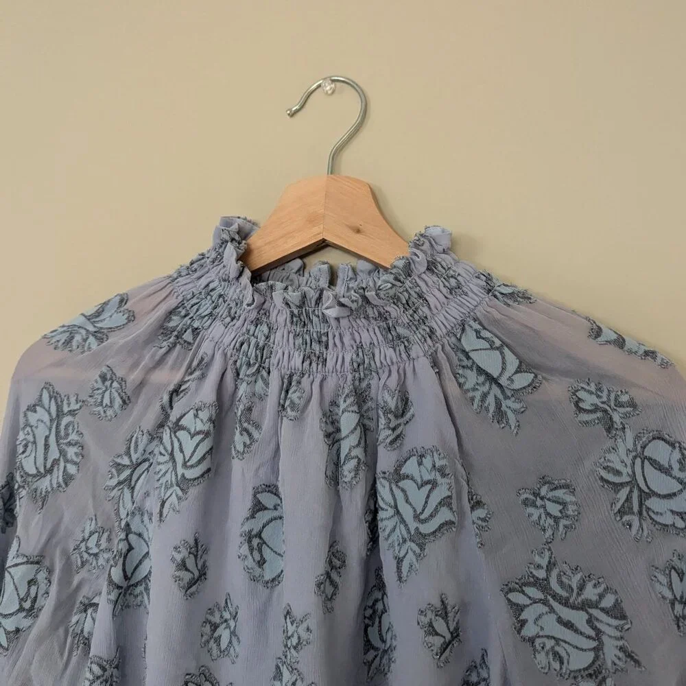 Rebecca Taylor Floral-print Mocknecktop In Silverbird Size 8 - Picture 5 of 8